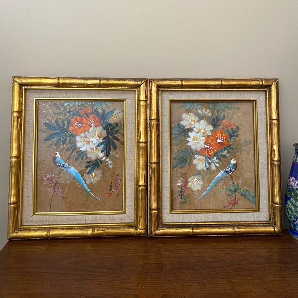 Vintage 2 Watercolor Painting Cork Paper Bird & Flowers Gold Bamboo Frame Signed